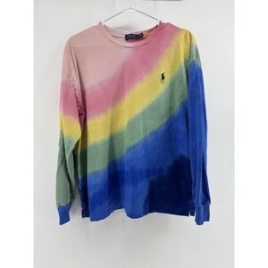 Polo Ralph Lauren Pink Blue Rainbow Striped Tie Dye Long Sleeve Tee Size XXL